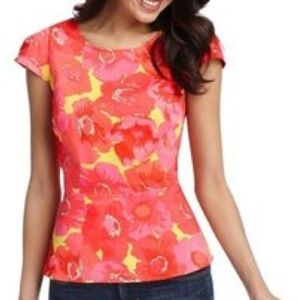 Ann Taylor LOFT Pink Coral Fuschia Floral Short Sleeve Peplum Top Size 4